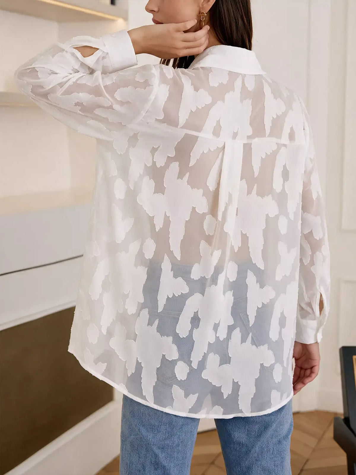 Sheer Button-Down Shirt - Trendsi - Flyclothing LLC
