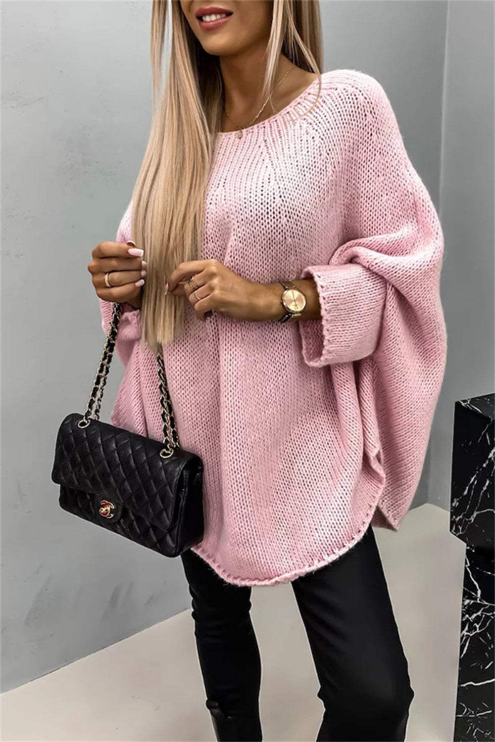 Round Neck Batwing Sleeve Sweater - Trendsi - Flyclothing LLC
