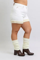 Judy Blue Full Size High Waist Shearling Cuff Denim Shorts Plus Size - Trendsi - Flyclothing LLC