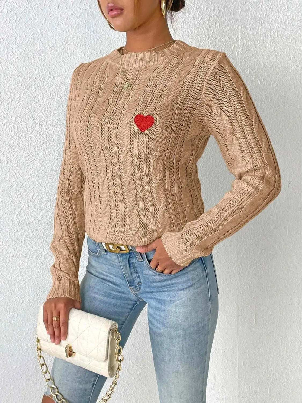 Cable-Knit Heart Round Neck Long Sleeve Sweater - Trendsi - Flyclothing LLC