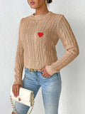 Cable-Knit Heart Round Neck Long Sleeve Sweater - Trendsi - Flyclothing LLC