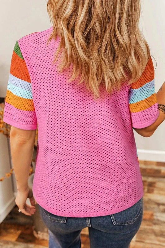 Color Block Eyelet Casual Knit Top - Trendsi - Flyclothing LLC