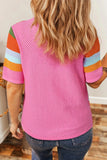 Color Block Eyelet Casual Knit Top - Trendsi