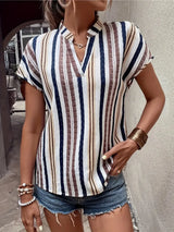 Striped Notched Short Sleeve Shirt - Trendsi - Flyclothing LLC