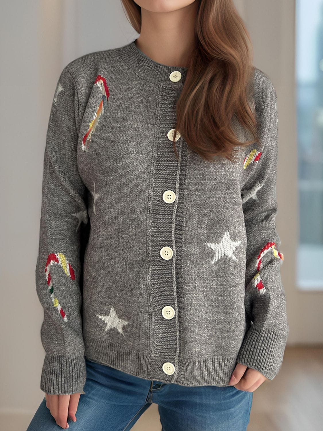 Candy Cane & Star Button Down Long Sleeve Cardigan - Trendsi