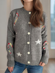 Candy Cane & Star Button Down Long Sleeve Cardigan - Trendsi