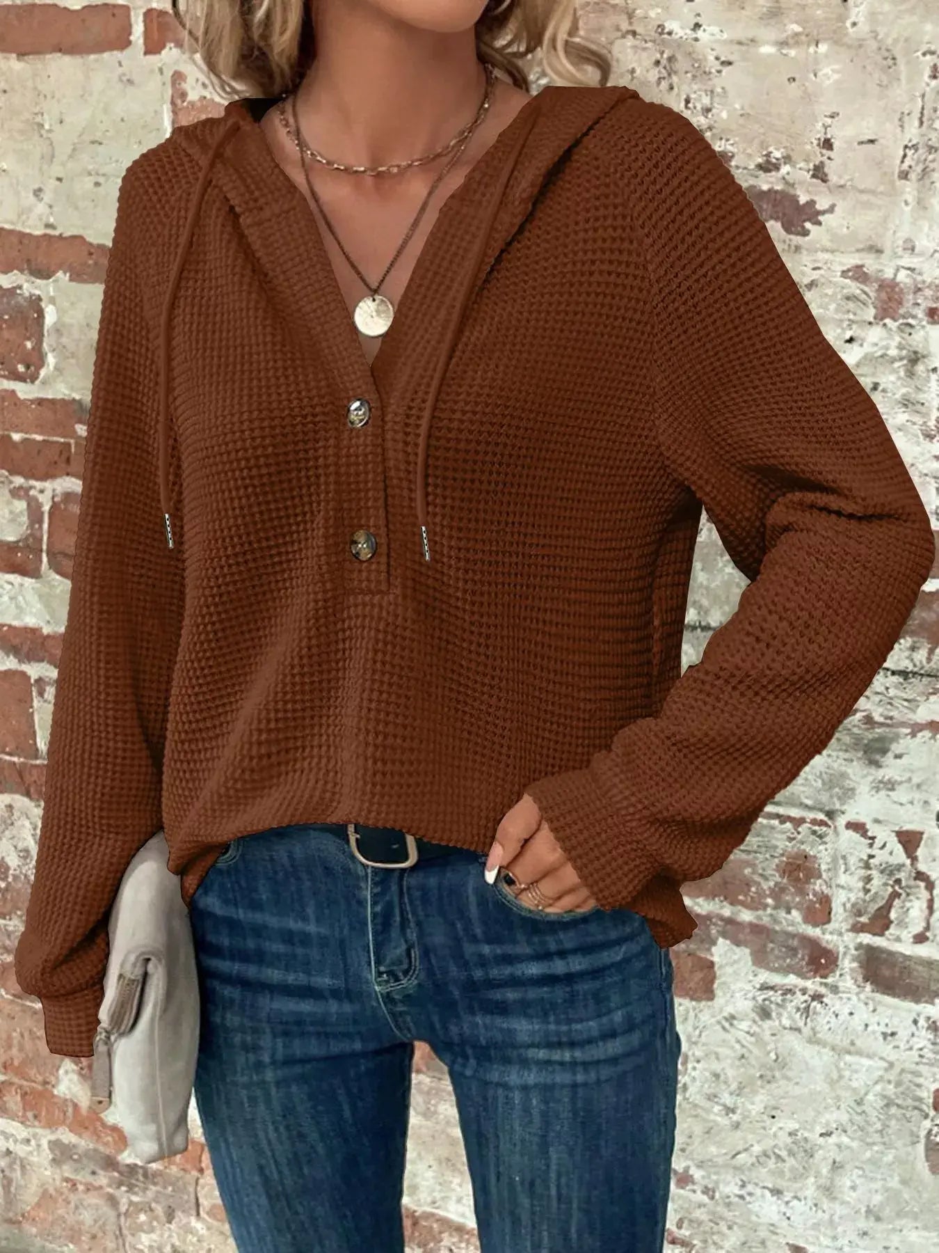 Waffle Knit Button Detail Hoodie - Trendsi - Flyclothing LLC