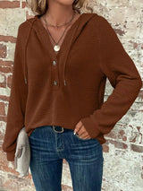 Waffle Knit Button Detail Hoodie - Trendsi - Flyclothing LLC
