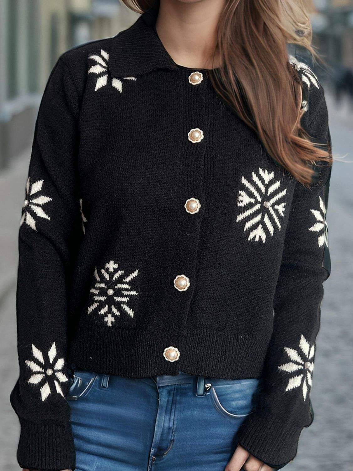 Pearl Trim Collared Neck Long Sleeve Cardigan - Trendsi - Flyclothing LLC