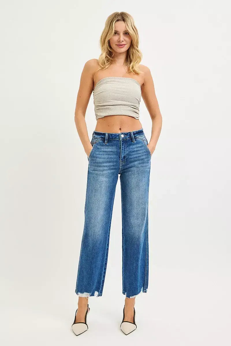 RISEN High Rise Ankle Straight Distressed Hem Detail Jeans - Trendsi - Flyclothing LLC