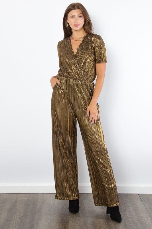 Be Stage Surplice Short Sleeve Pleated Foil Jumpsuit - Trendsi