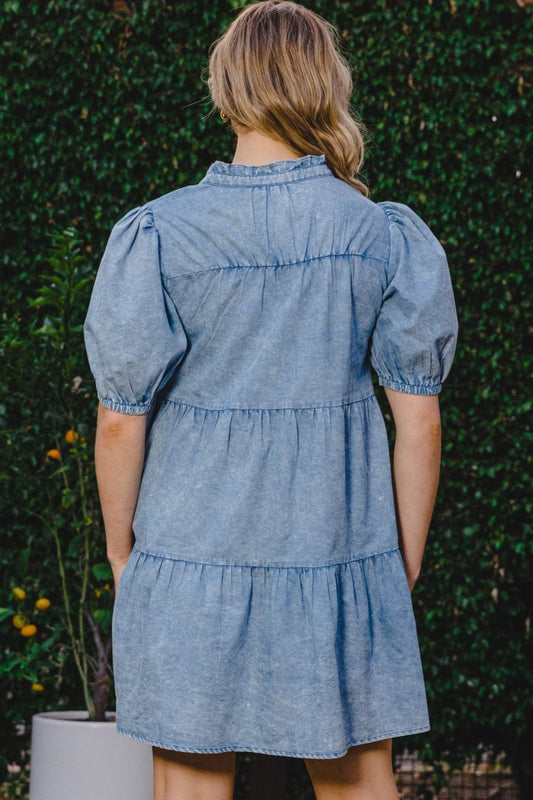 ODDI Washed Tiered Mini Denim Dress - Trendsi