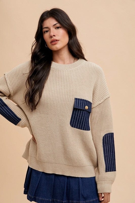 Annie Wear Contrast Round Neck Drop Shoulder Sweater with Patch Pocket - Trendsi