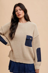 Annie Wear Contrast Round Neck Drop Shoulder Sweater with Patch Pocket - Trendsi