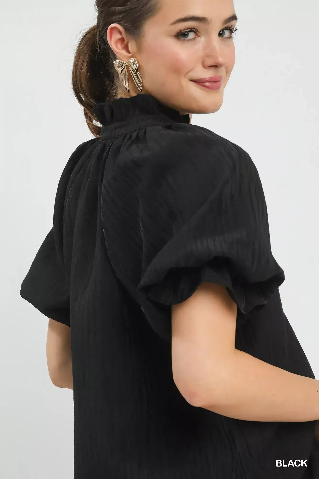 Umgee Textured Puff Sleeve Split Neck Top - Trendsi - Flyclothing LLC