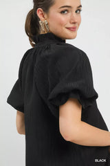 Umgee Textured Puff Sleeve Split Neck Top - Trendsi - Flyclothing LLC