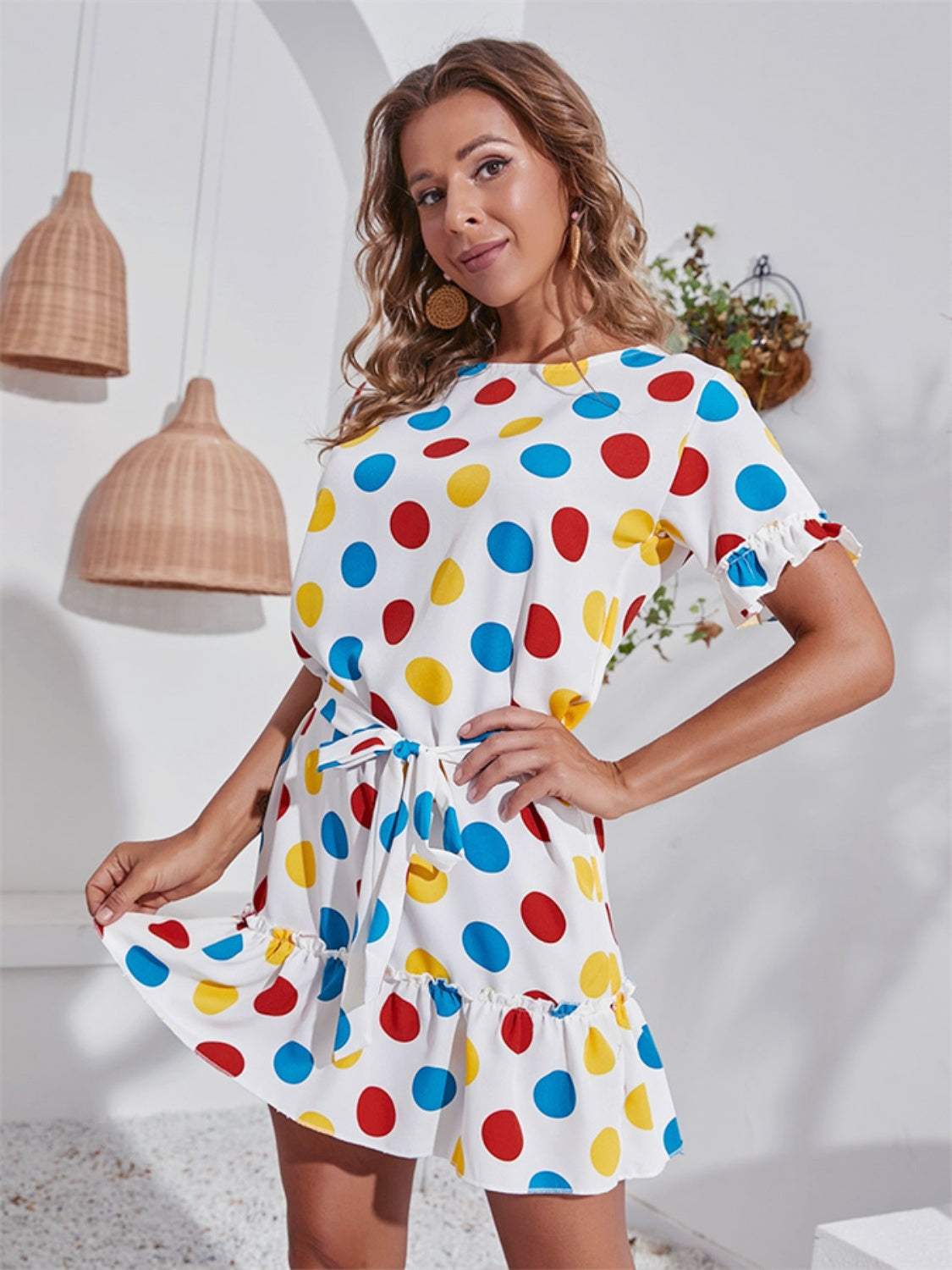 Tied Frill Short Sleeve Mini Dress - Trendsi - Flyclothing LLC