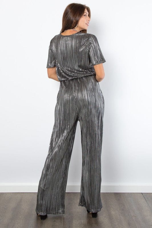 Be Stage Surplice Short Sleeve Pleated Foil Jumpsuit - Trendsi