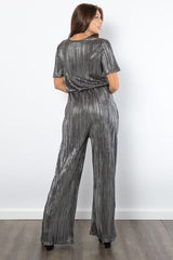 Be Stage Surplice Short Sleeve Pleated Foil Jumpsuit - Trendsi