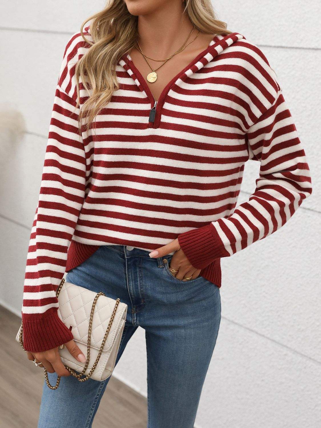 Perfee Striped Long Sleeve Hooded Sweater - Trendsi - Flyclothing LLC