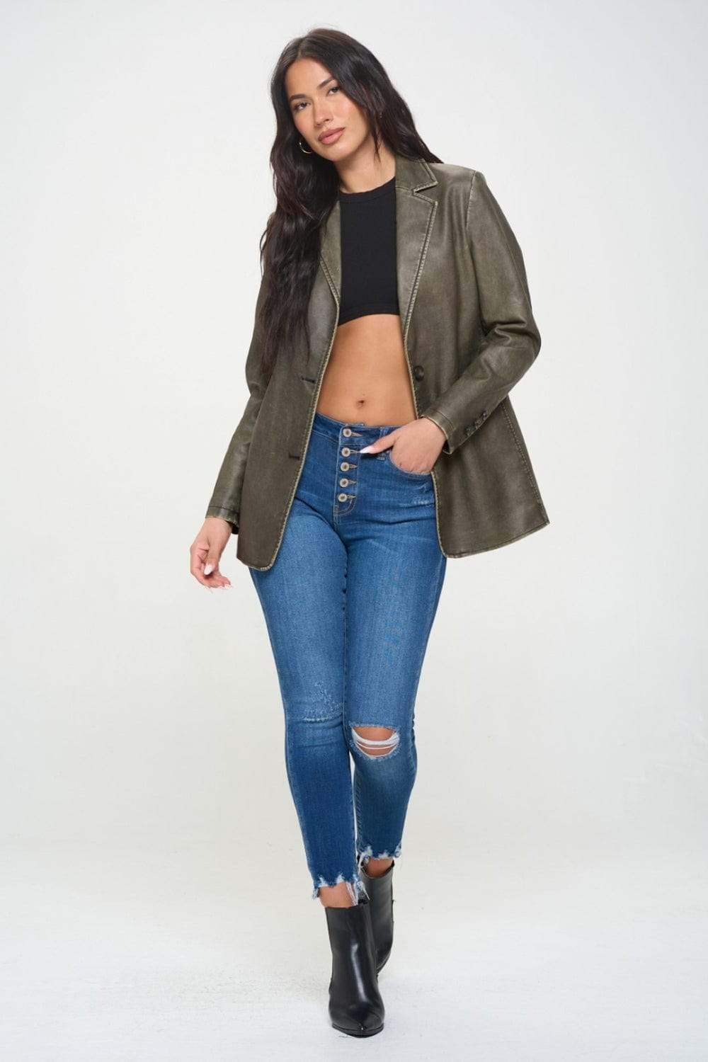 Coalition LA Single-Breasted Vegan Leather Blazer - Trendsi - Flyclothing LLC