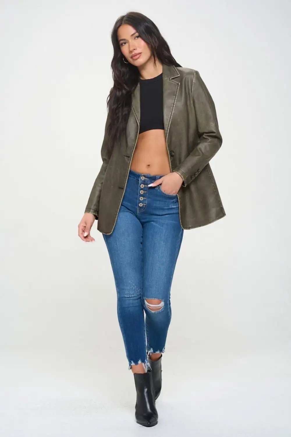 Coalition LA Single-Breasted Vegan Leather Blazer - Trendsi - Flyclothing LLC