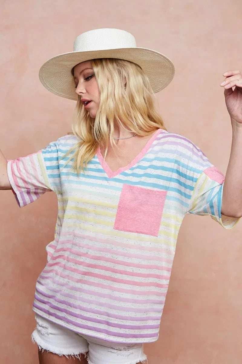 BiBi Rainbow Stripe Printed Triblend Knit Top - Trendsi - Flyclothing LLC