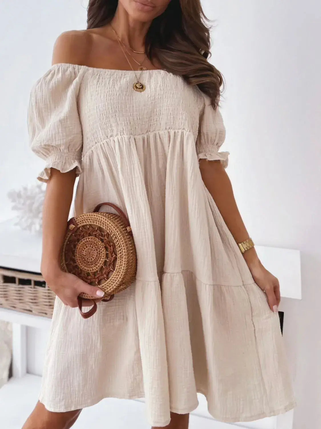 Smocked Off-Shoulder Mini Dress - Trendsi - Flyclothing LLC
