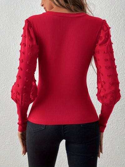 Swiss Dot V-Neck Long Sleeve Top - Trendsi - Flyclothing LLC