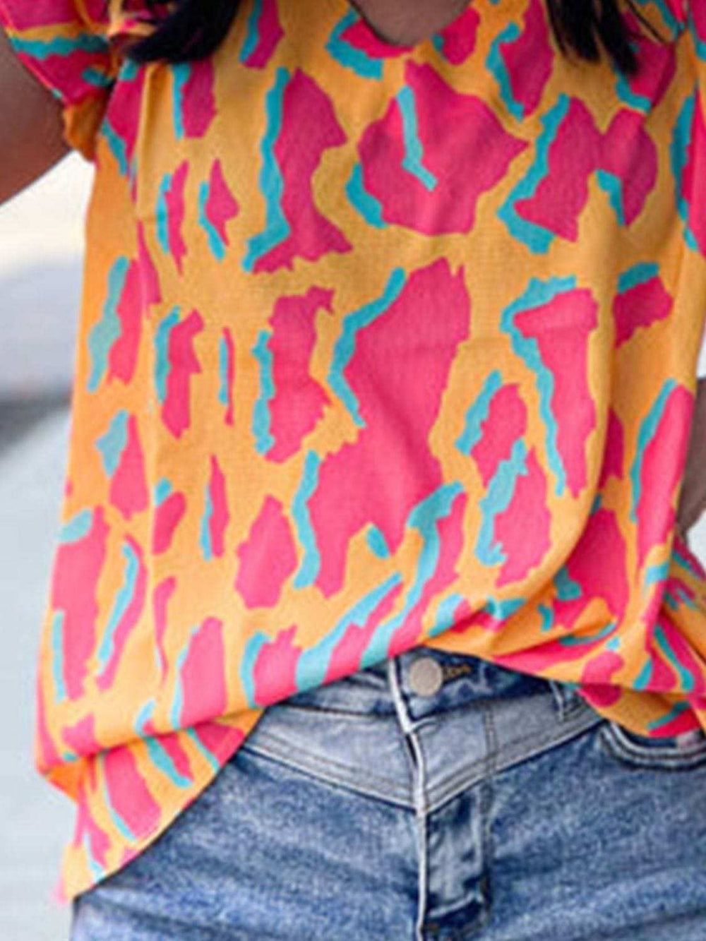 Ruffled Printed V-Neck Cap Sleeve Blouse - Trendsi - Flyclothing LLC