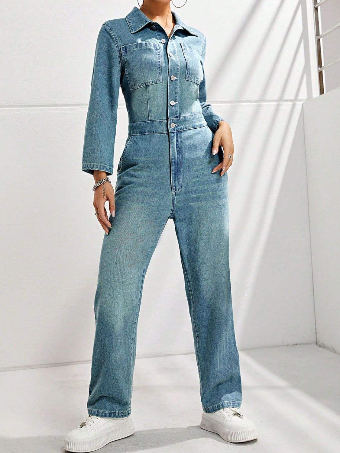 Half Button Long Sleeve Straight Leg Denim Jumpsuit - Trendsi - Flyclothing LLC