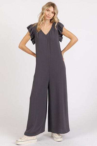 Mittoshop V-Neck Ruffled Cap Sleeve Wide Leg Jumpsuit - Trendsi - Flyclothing LLC