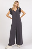 Mittoshop V-Neck Ruffled Cap Sleeve Wide Leg Jumpsuit - Trendsi