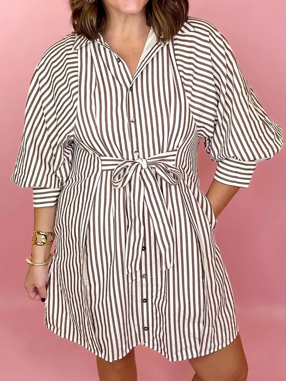 Striped Tie Waist Shirt Dress - Trendsi - Flyclothing LLC