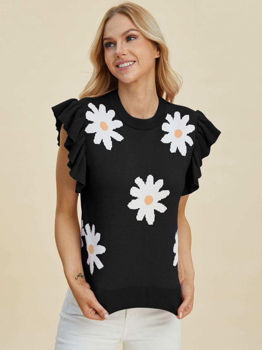 Double Take Full Size Ruffled Flower Round Neck Cap Sleeve Sweater - Trendsi - Flyclothing LLC