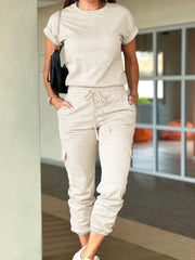 Devine Drawstring Waist Short Sleeve Jumpsuit - Trendsi