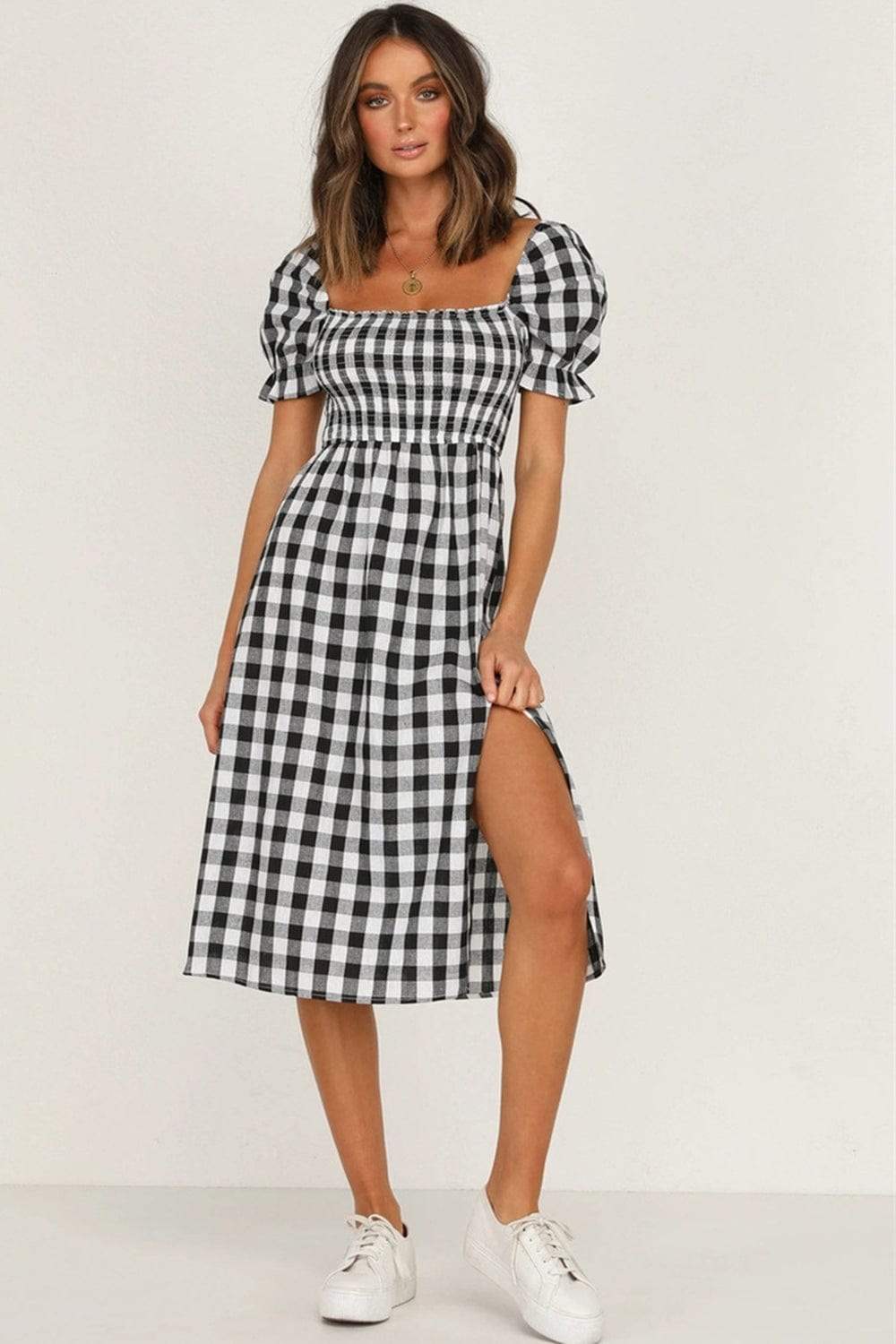 Full Size Slit Plaid Short Sleeve Midi Dress - Trendsi - Flyclothing LLC
