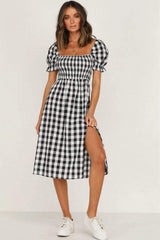 Full Size Slit Plaid Short Sleeve Midi Dress - Trendsi - Flyclothing LLC