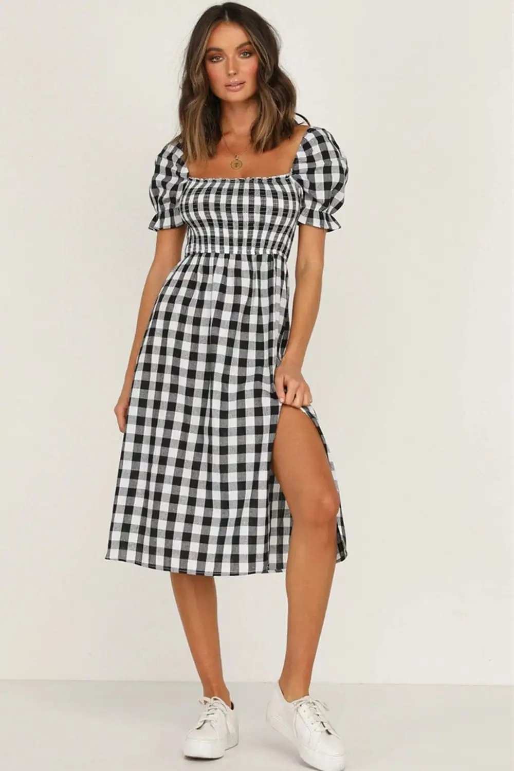 Full Size Slit Plaid Short Sleeve Midi Dress - Trendsi - Flyclothing LLC