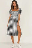 Full Size Slit Plaid Short Sleeve Midi Dress - Trendsi - Flyclothing LLC