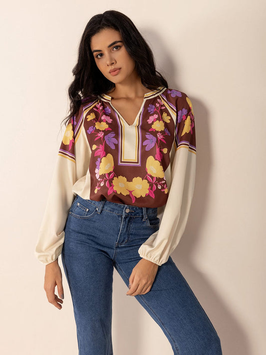 Printed Notched Long Sleeve Blouse - Trendsi
