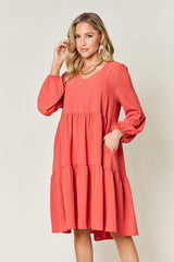 Double Take Full Size V-Neck Balloon Sleeve Tiered Dress - Trendsi - Flyclothing LLC