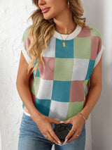 Mandy Checkered Round Neck Cap Sleeve Knit Top - Trendsi - Flyclothing LLC