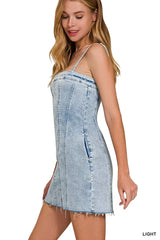 Zenana Spaghetti Strap Exposed Seam Light-Wash Dress - Trendsi - Flyclothing LLC