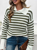 Striped Collared Neck Long Sleeve Sweater - Trendsi - Flyclothing LLC