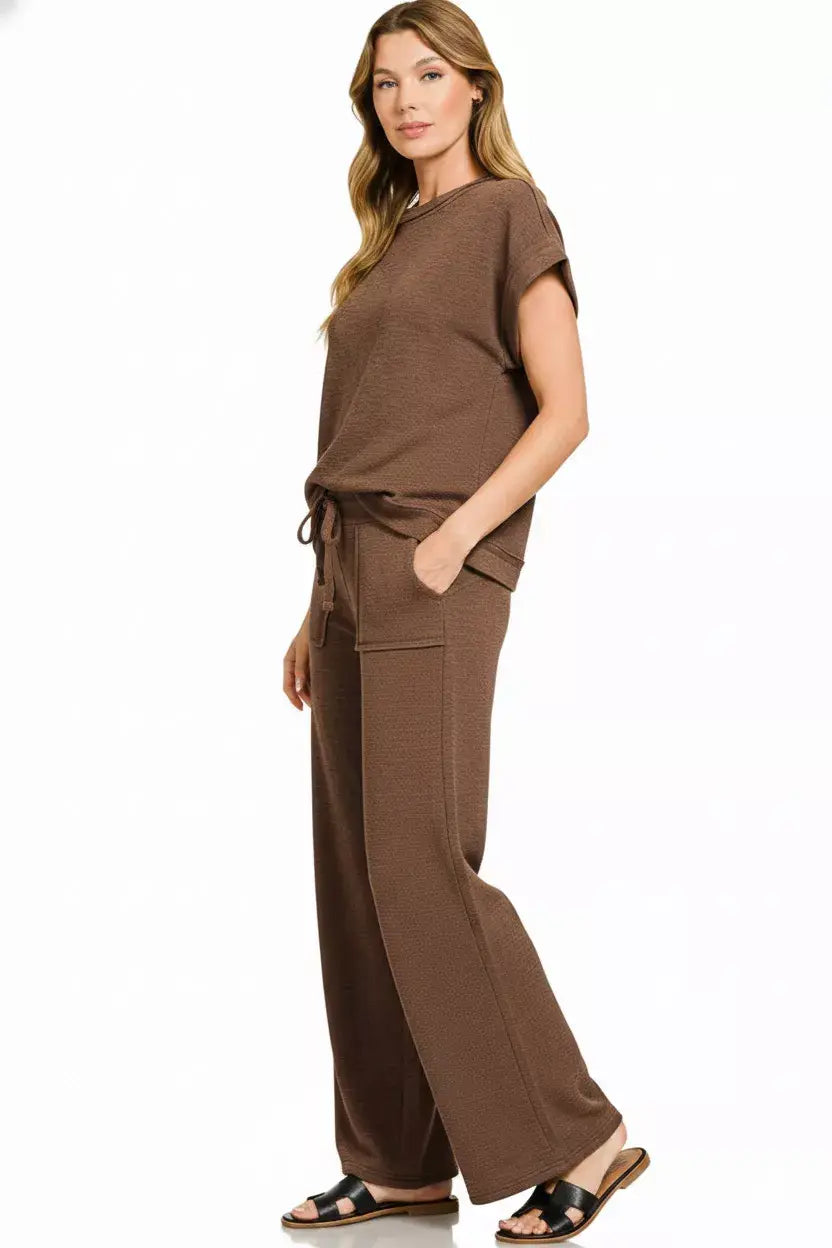 Zenana Cotton Slub Short Sleeve Tee and Pants Set - Trendsi - Flyclothing LLC