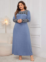 Plus Size Printed Round Neck Long Sleeve Dress - Trendsi - Flyclothing LLC