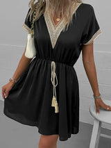 Full Size Tassel V-Neck Short Sleeve Dress Plus Size - Trendsi - Flyclothing LLC