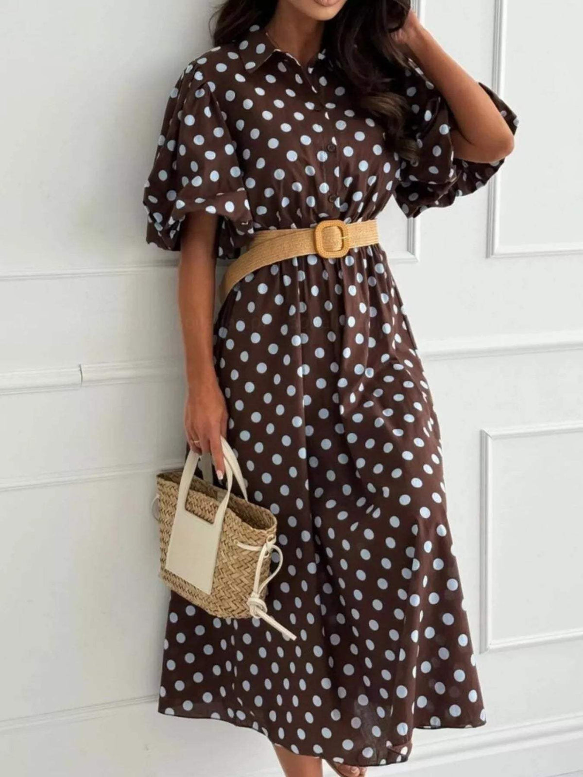 Polka Dot Puff Sleeve Midi Dress - Trendsi - Flyclothing LLC