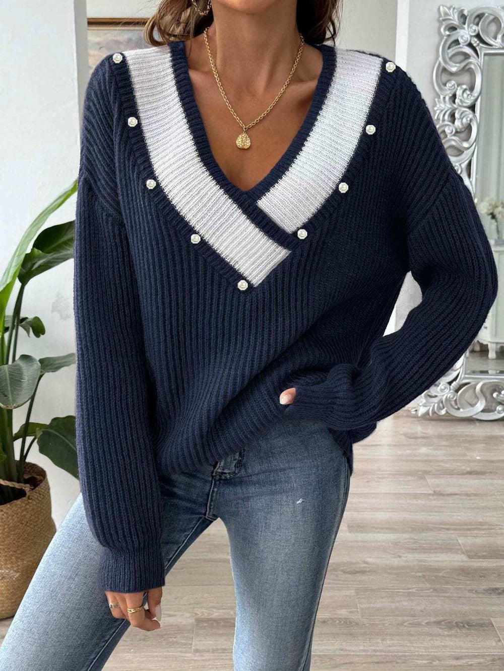 Contrast Trim Dropped Shoulder Long Sleeve Sweater - Trendsi - Flyclothing LLC